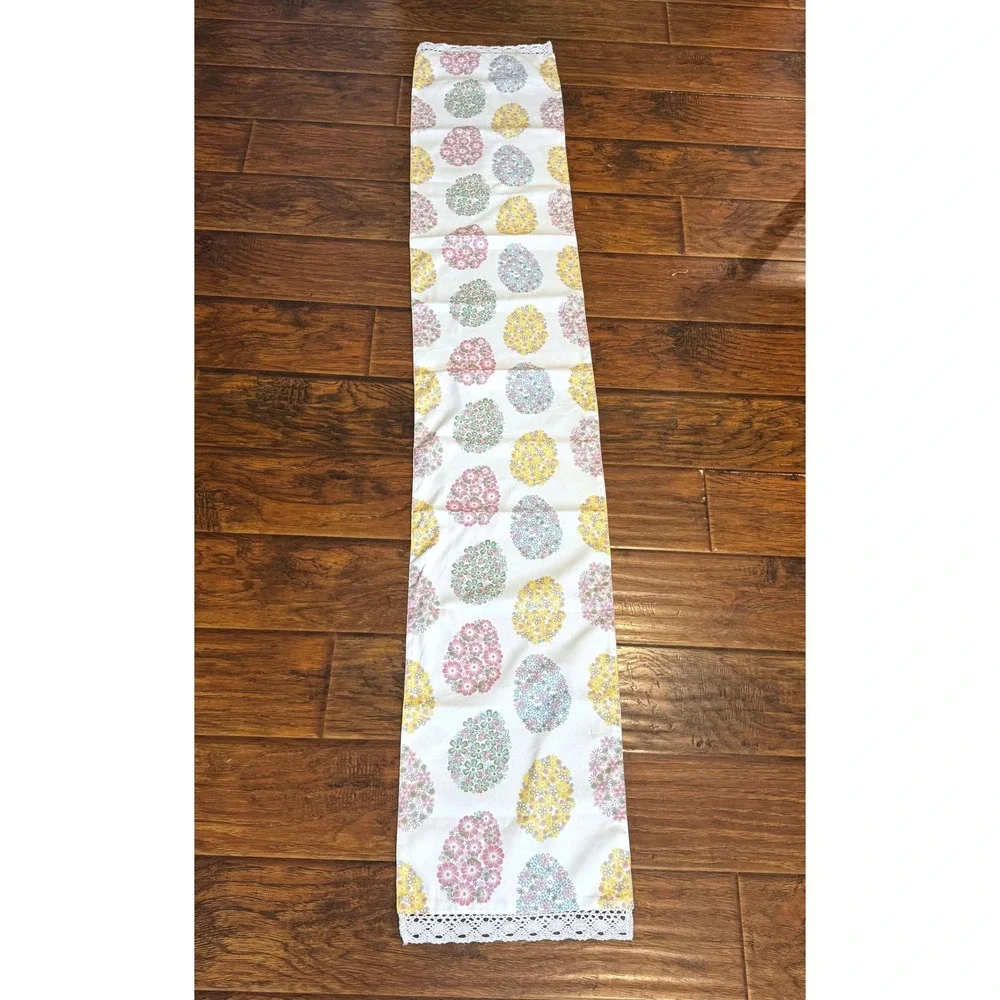 Vintage Easter Egg Table Runner 13x74 Floral Cottagecore Lace Trim Spring